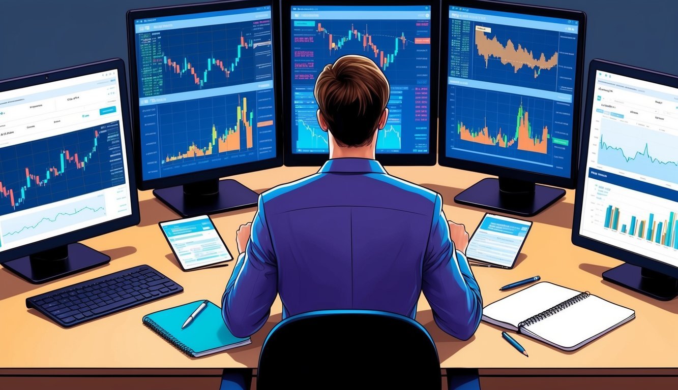 A person sitting at a desk, surrounded by computer screens showing various crypto charts and graphs, with a pen and notebook nearby for taking notes