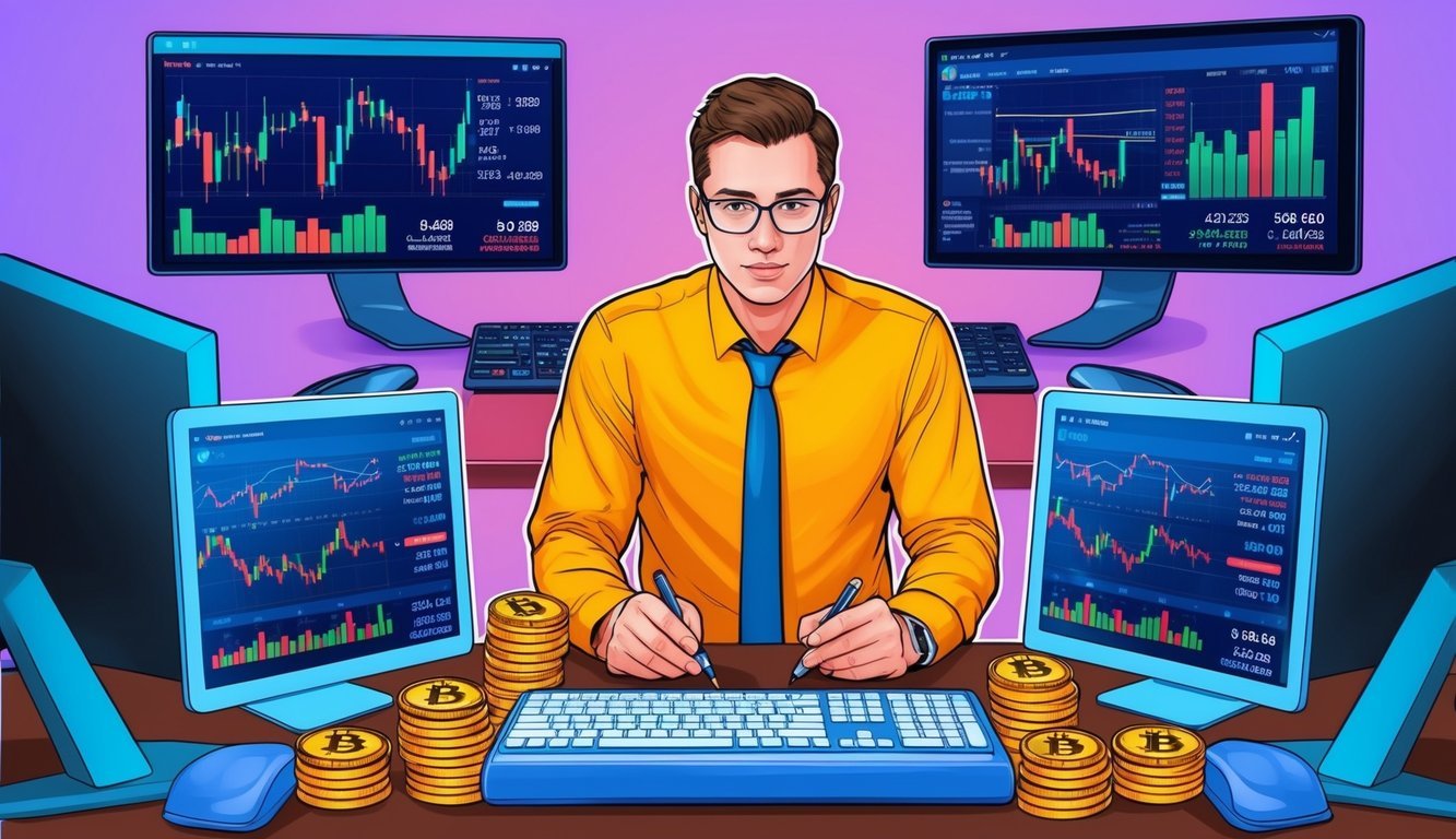 A person researching margin trading with cryptocurrency, surrounded by computer screens and financial charts