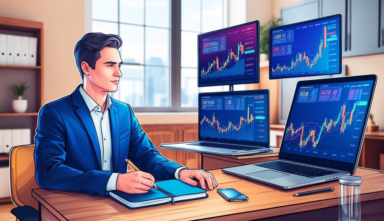 A person studying various cryptocurrency charts with a laptop and notebook on a desk in a quiet, organized workspace