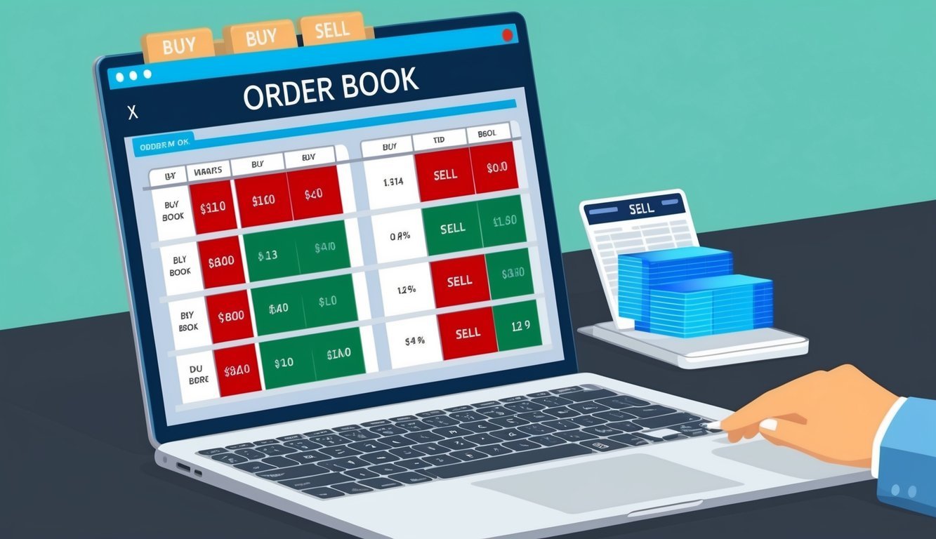 An order book with buy and sell orders displayed on a computer screen, showing market mechanics and trends