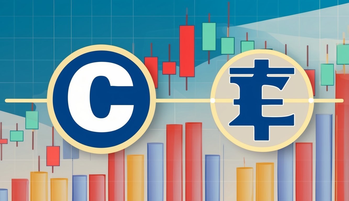 Two different currency symbols connected by a line, representing a trading pair.</p><p>Candlestick chart in the background