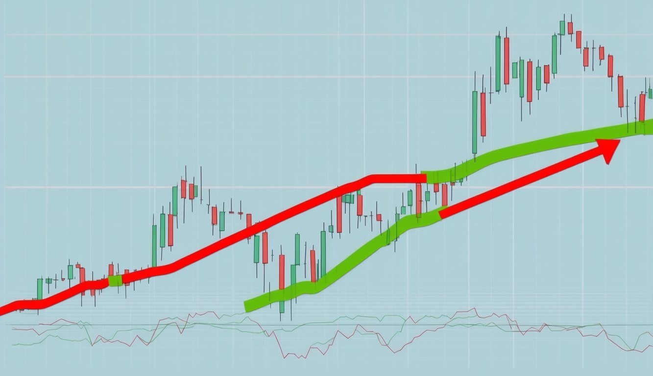 A stock chart with a downward trend, a red line representing a stop-loss order, and a green line representing the stock price