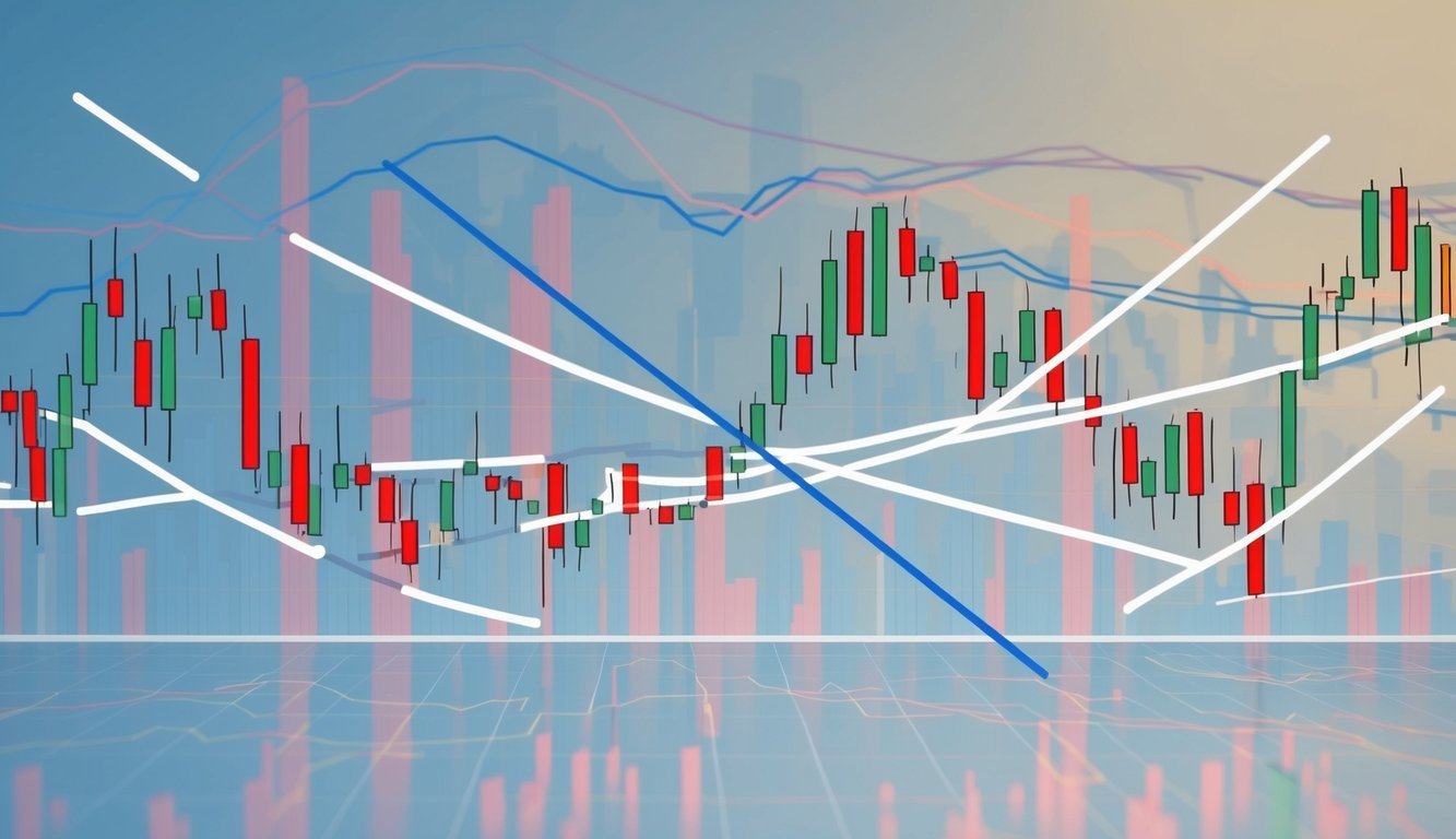 A chart showing two intersecting lines representing trading pairs.</p><p>Candlestick and line graphs in the background