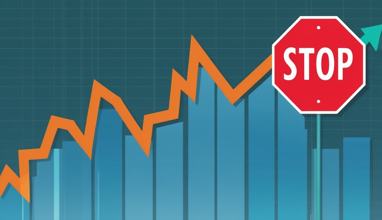 A stock chart with a line graph showing a downward trend, and a stop sign placed at the lowest point on the graph