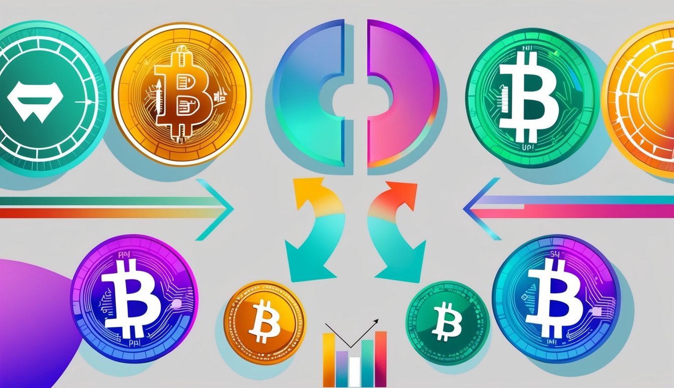 A colorful infographic showing various cryptocurrency symbols paired together with arrows indicating the exchange of value