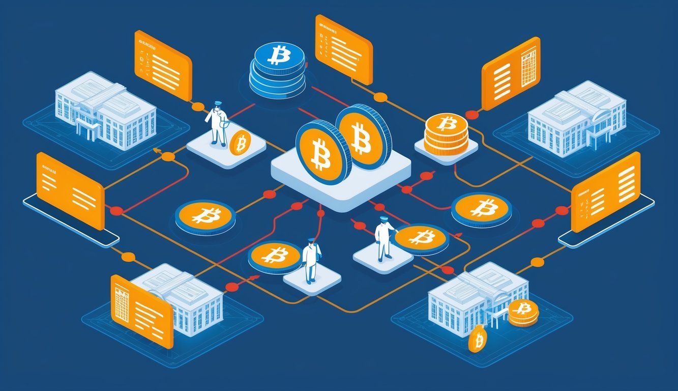 A group of interconnected financial institutions exchanging cryptocurrency transaction data to ensure compliance with travel rule regulations