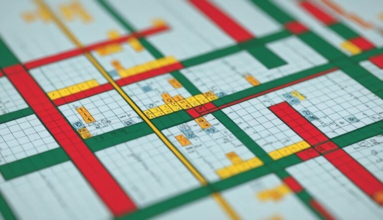 Grid with numbers, red, green, and yellow lines, and small symbols