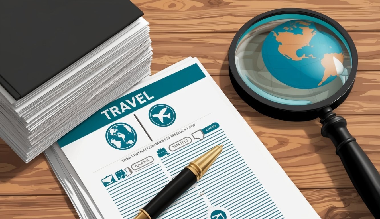 A stack of papers with travel-related symbols and a magnifying glass