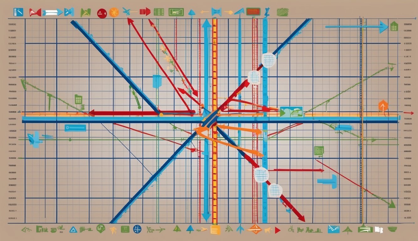 A grid of intersecting lines with various symbols and arrows, representing trading strategy