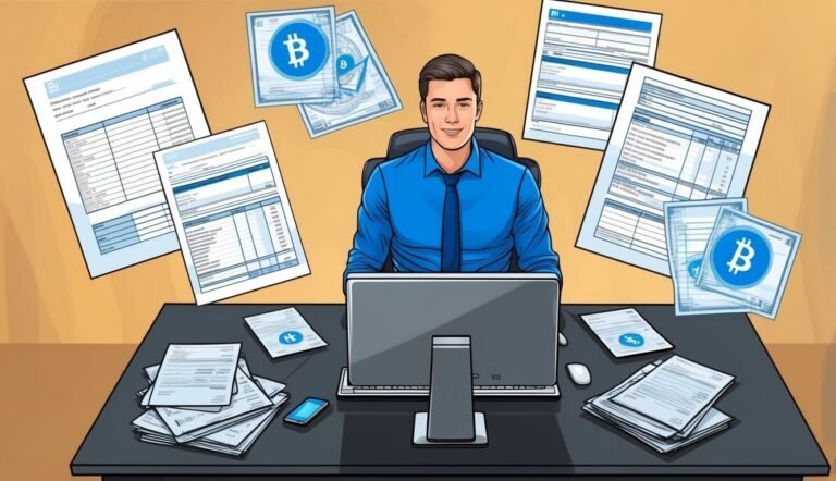 Man at desk with documents and Bitcoin symbols