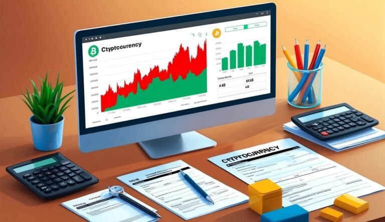 Desktop with cryptocurrency chart, documents, calculators, and office supplies