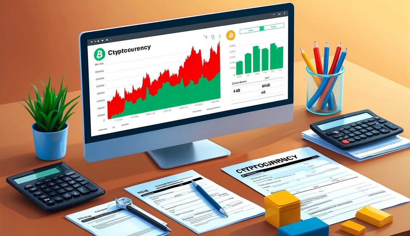 A computer screen displays a cryptocurrency portfolio with red and green graphs.</p><p>A calculator and tax forms sit nearby