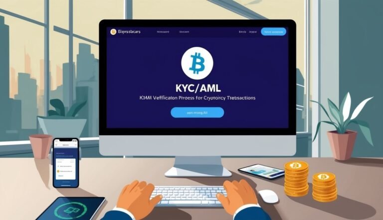 Desktop computer screen with KYC/AML verification for cryptocurrency transactions. Bitcoin coins