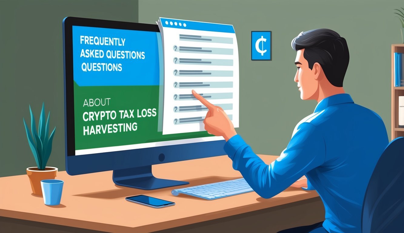 A person reviewing a list of frequently asked questions about crypto tax loss harvesting on a computer screen