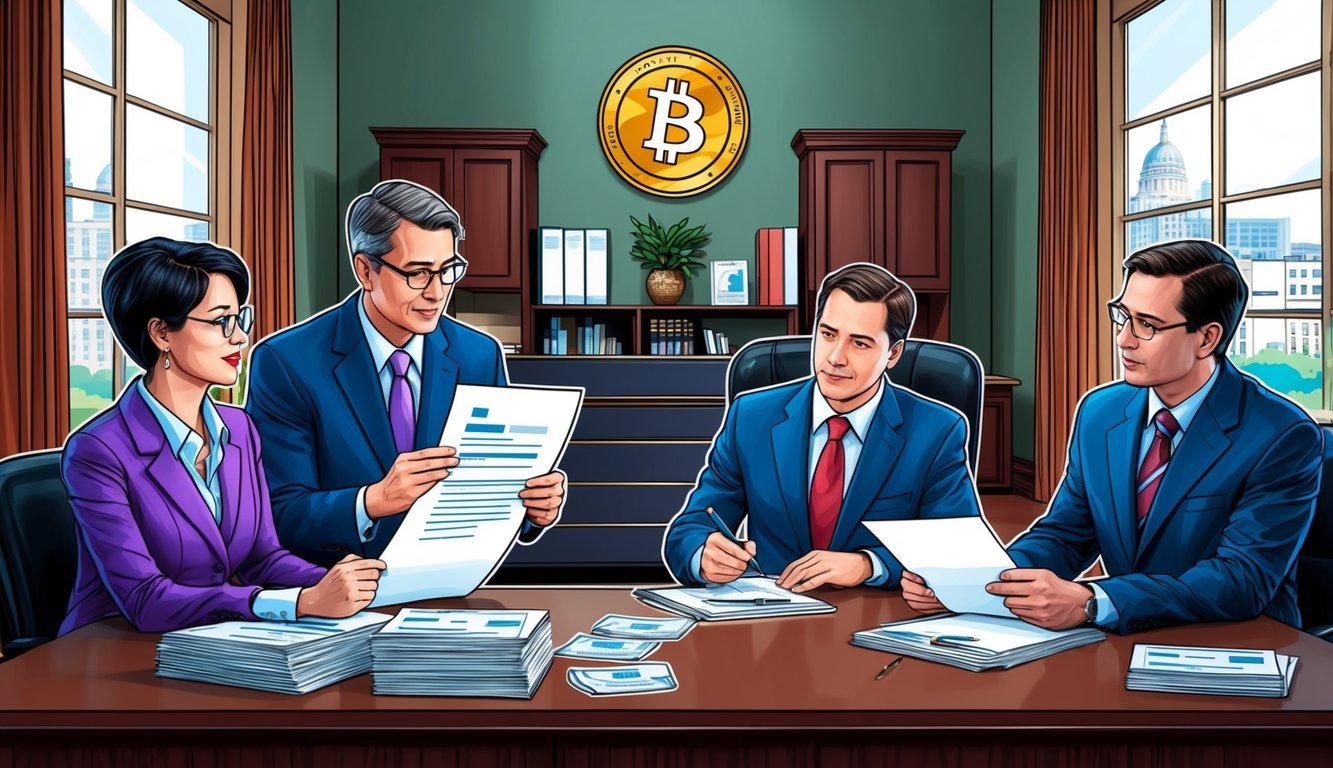 A government office with officials reviewing paperwork and discussing regulations for crypto business licensing