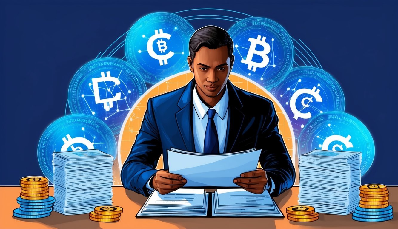 A figure studying legal documents surrounded by digital currency charts and regulatory texts