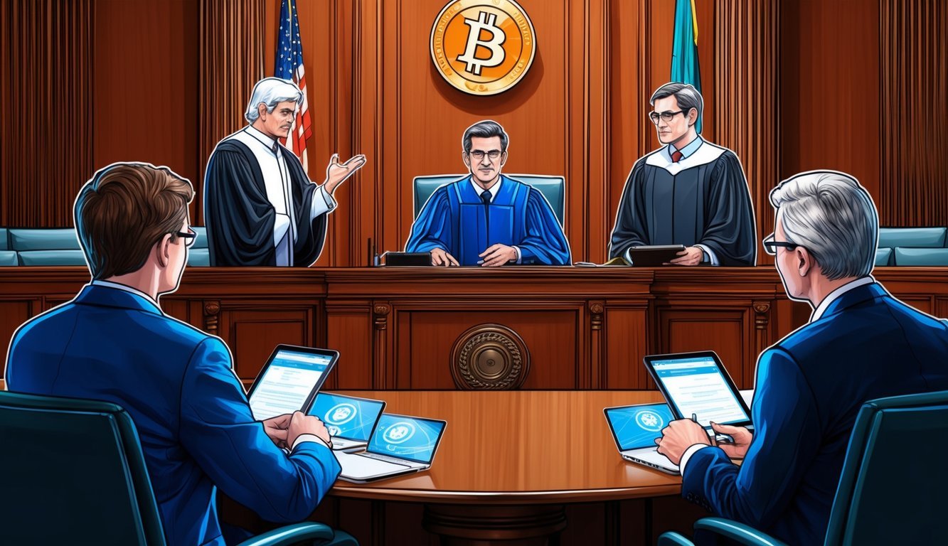 A courtroom with a judge and lawyers discussing crypto regulations