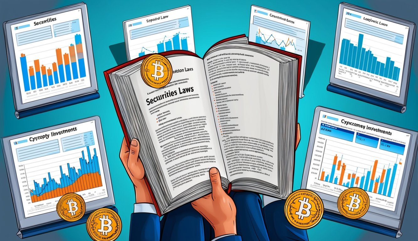 A person reading a thick book on securities laws, surrounded by charts and graphs related to cryptocurrency investments