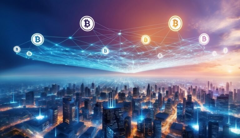 Bitcoin symbols connected above a cityscape with a network of lines
