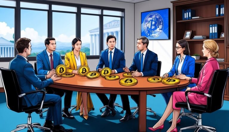 Business people in a meeting with Bitcoin coins on a table