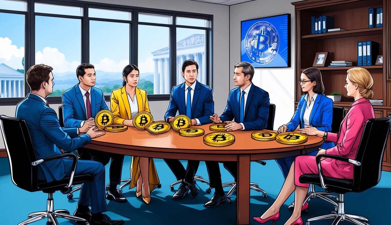 A group of people discussing cryptocurrency regulations in a government office