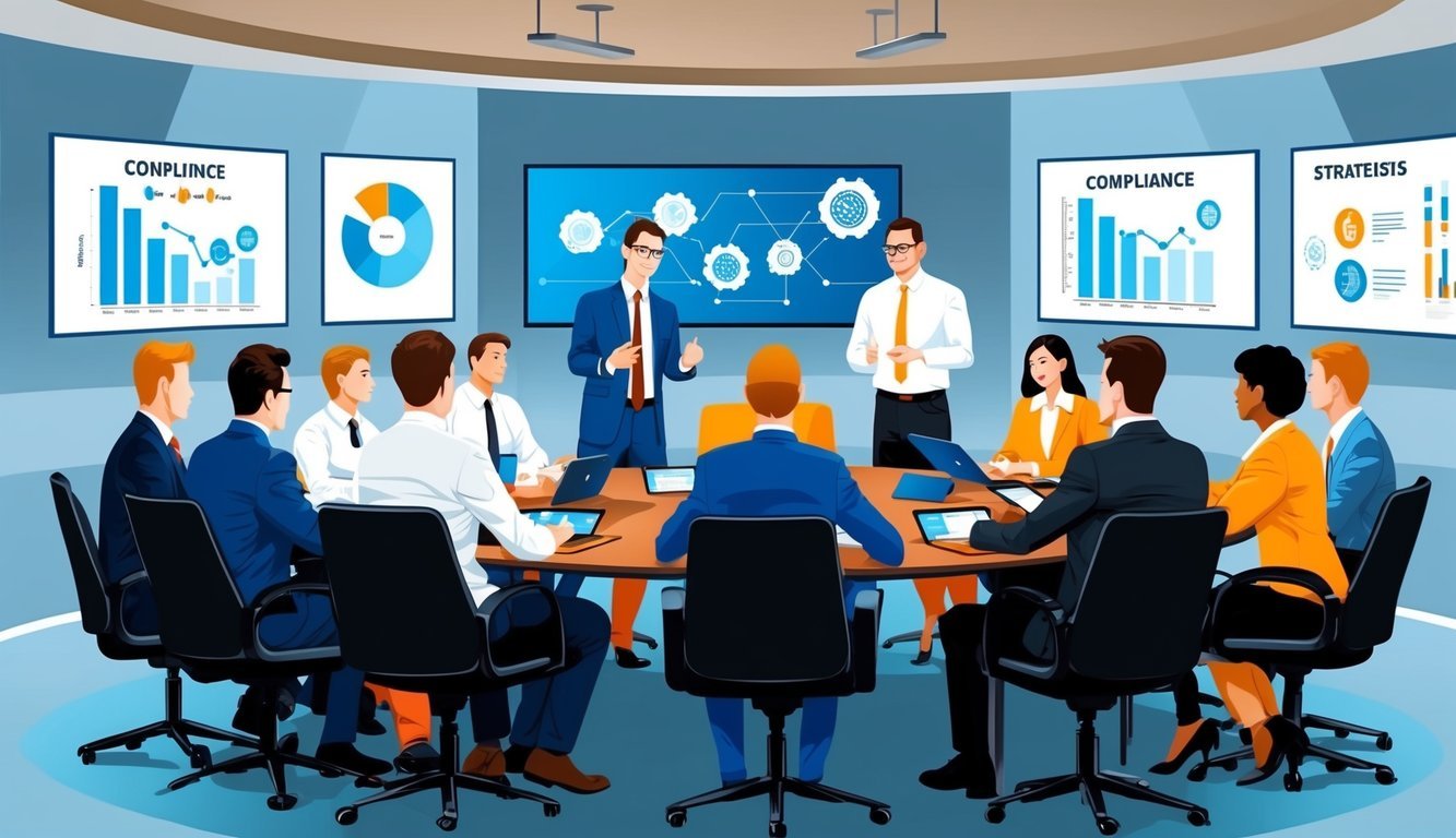 A group of people in a conference room discussing compliance strategies for crypto entities, with charts and graphs on the walls