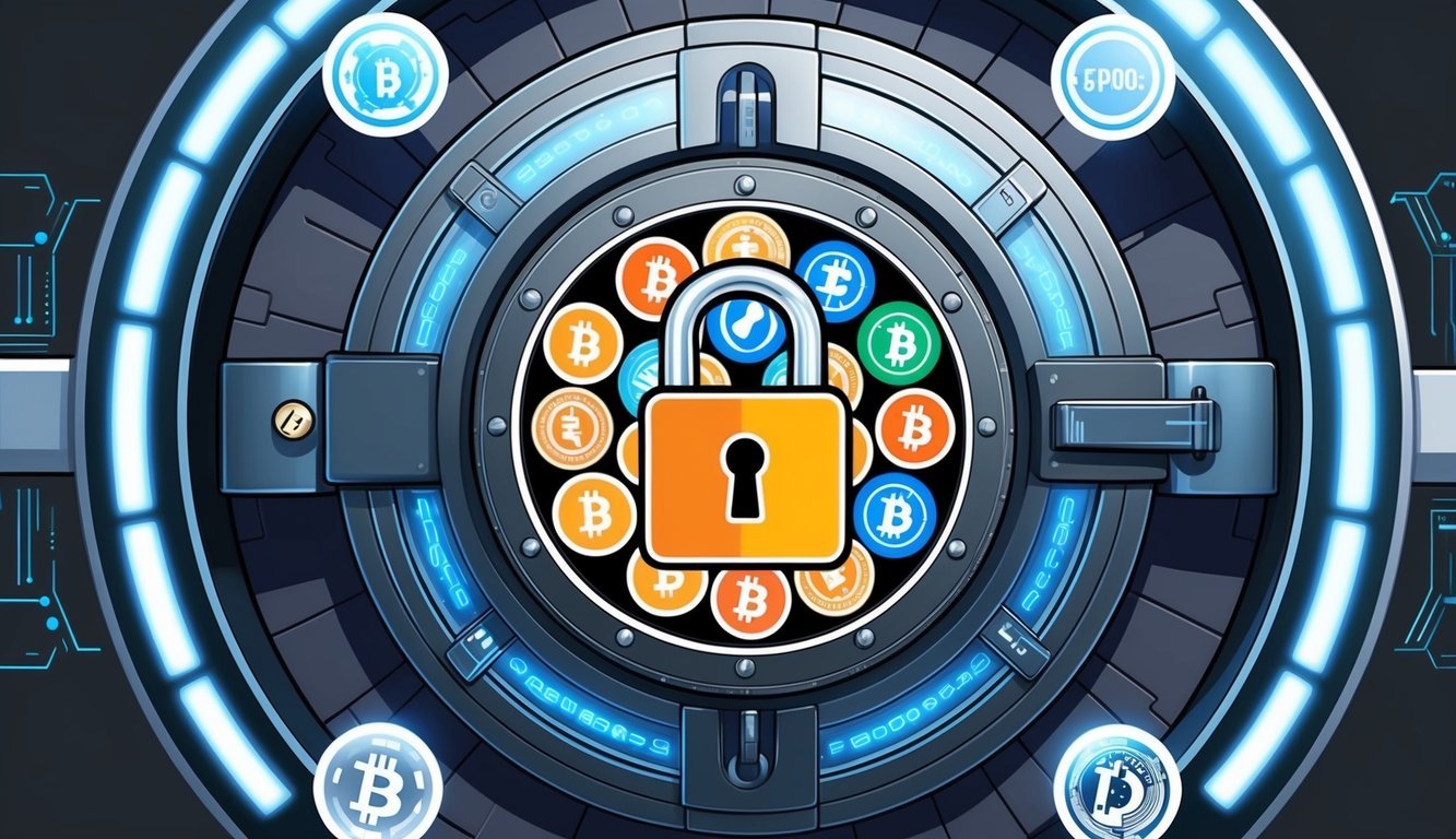 A secure vault with digital locks, filled with various cryptocurrency symbols and assets, surrounded by futuristic security measures