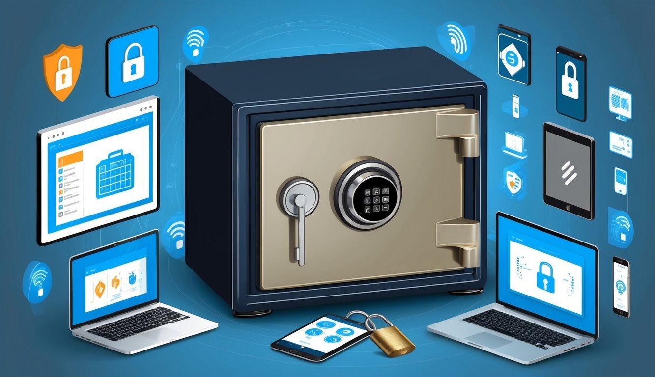 A digital safe with a lock and key, surrounded by various electronic devices and security symbols