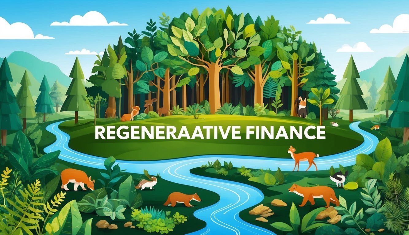 A lush forest with diverse plant life and animals, surrounded by flowing rivers and clear skies, symbolizing the concept of Regenerative Finance