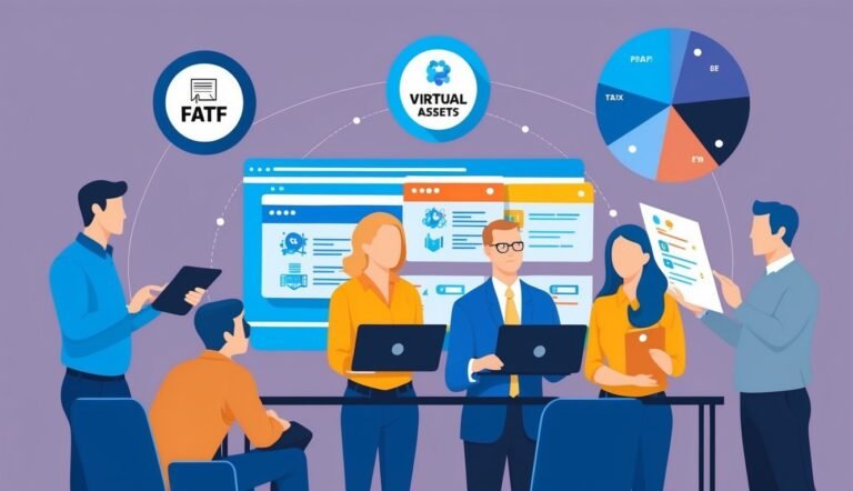 Business team discussing virtual assets, FATF, and a pie chart