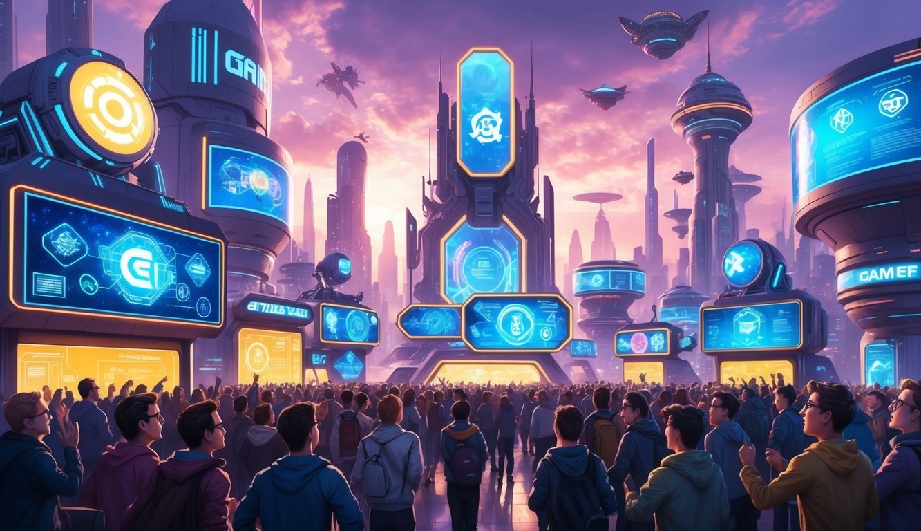 A vibrant, futuristic cityscape with holographic displays showcasing various GameFi concepts and symbols, surrounded by excited and curious onlookers