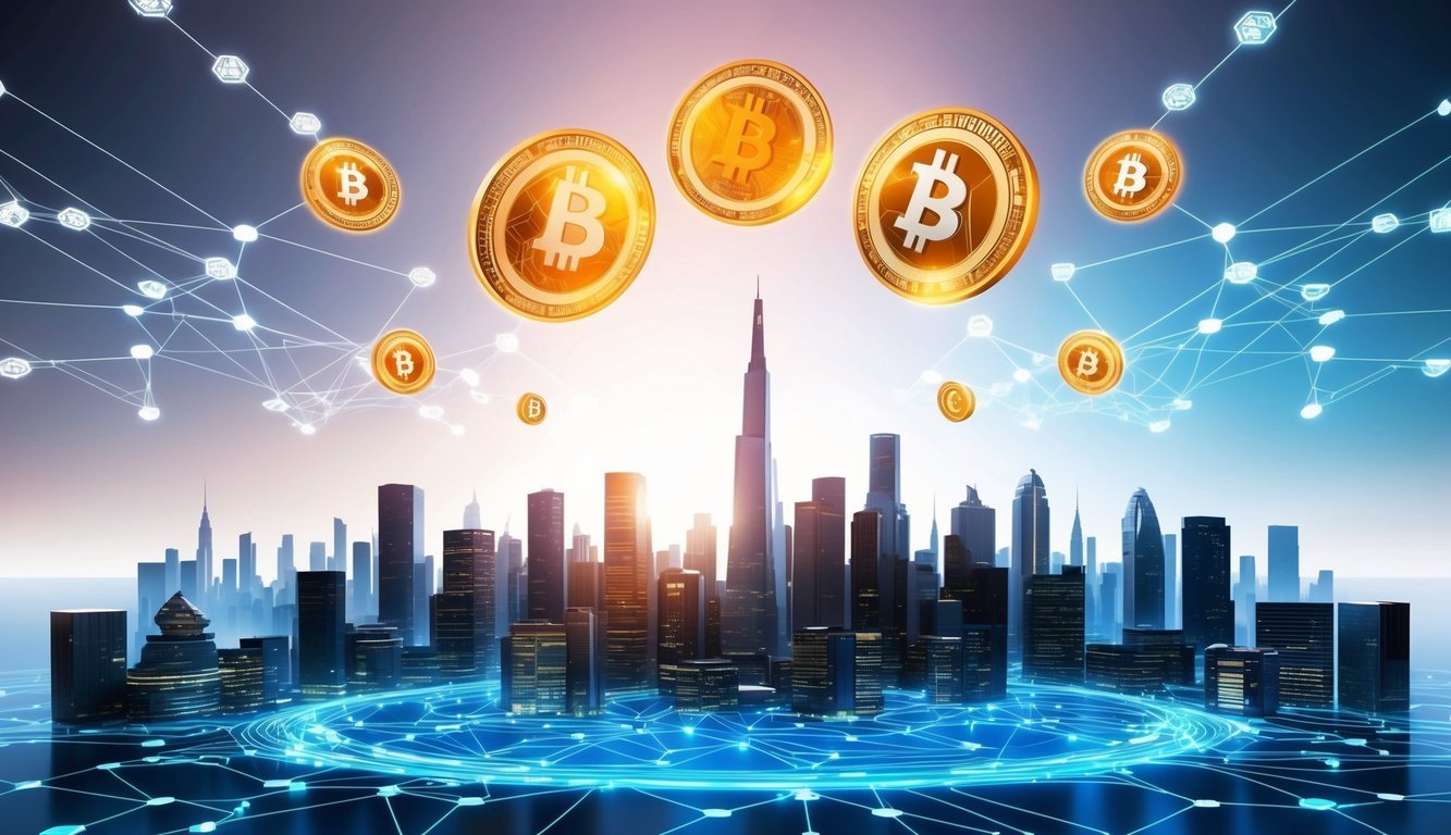 A futuristic city skyline with digital currency symbols floating above, surrounded by a network of interconnected virtual assets