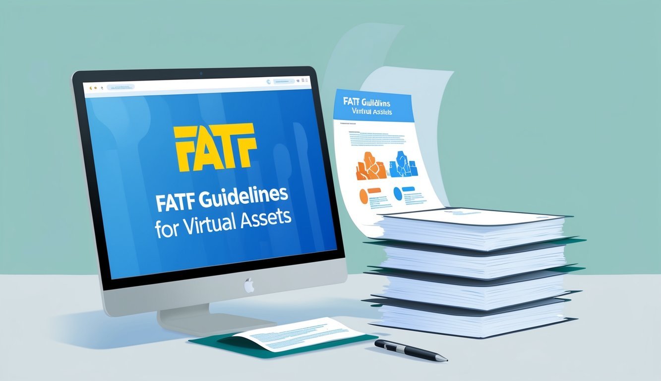 A computer screen displaying the FATF guidelines for virtual assets, with a stack of papers and a pen next to it