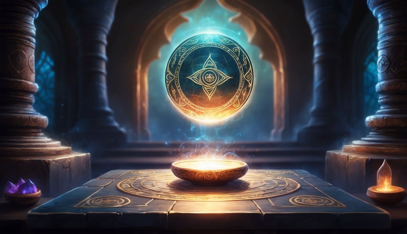 A glowing, ethereal token floats above a mystical altar, emanating a sense of ancient power and connection