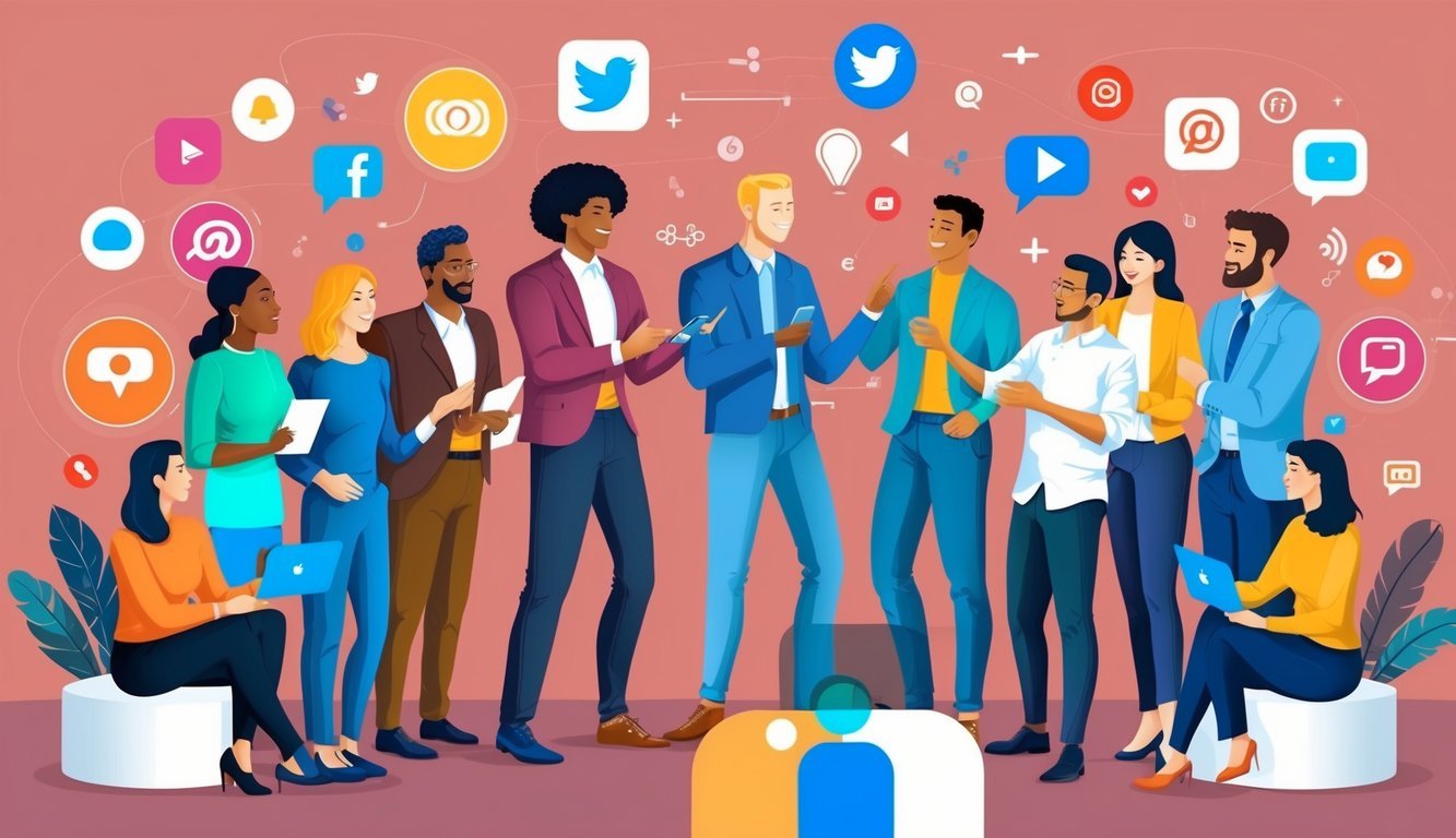 A group of diverse people interacting and exchanging ideas in a digital space, with various social media icons and symbols surrounding them