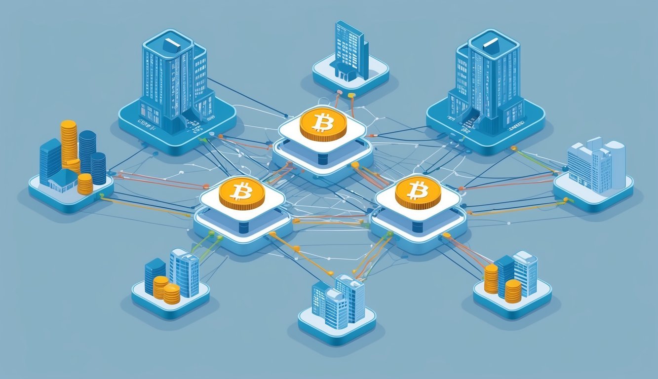 A network of interconnected financial institutions forming a decentralized system with digital assets flowing between them