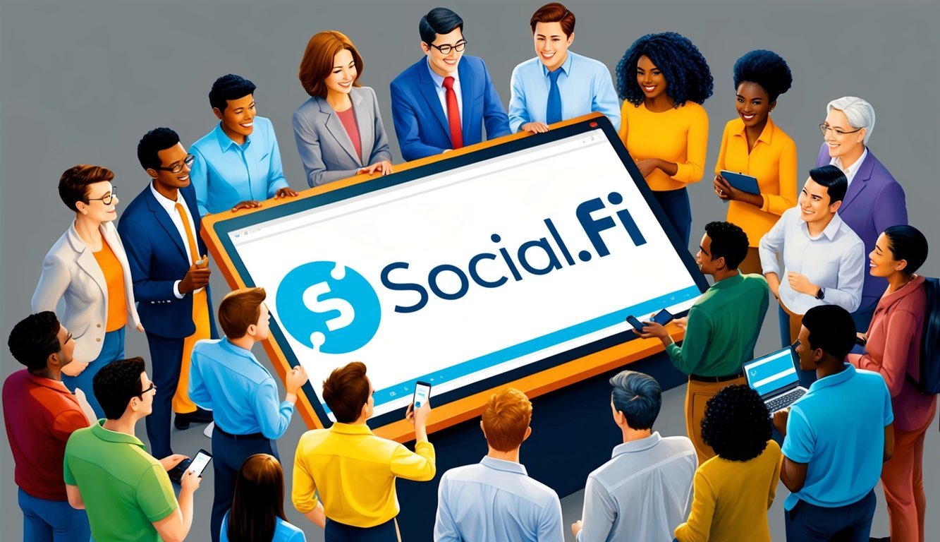 A group of diverse people gathered around a large screen displaying the SocialFi logo, while engaging in conversation and exchanging information