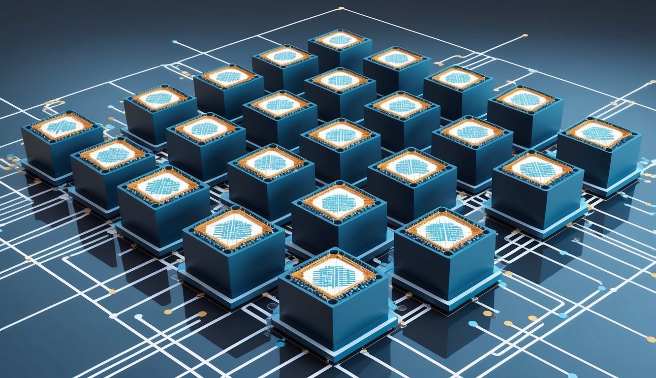 A network of interconnected blocks forming a modular blockchain structure, with each block containing encrypted data