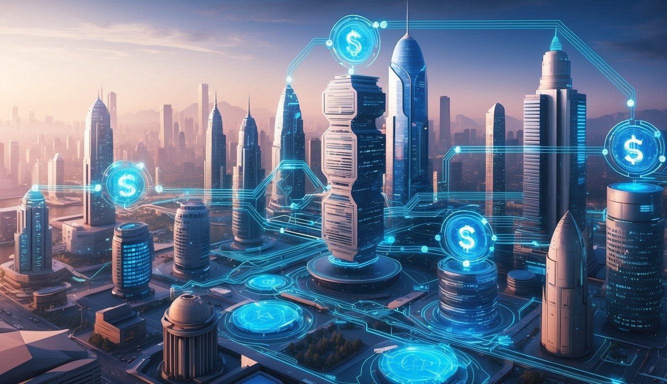 A futuristic cityscape with interconnected financial institutions and digital assets flowing between them