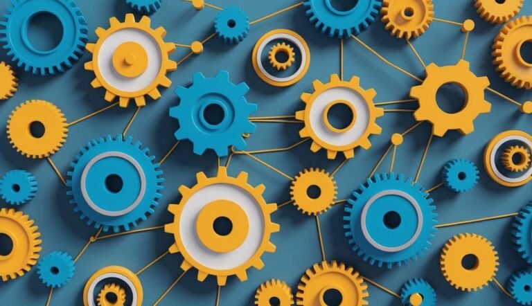 Blue and yellow gears connected by lines on a blue background