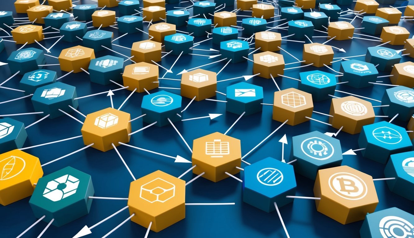 A network of interconnected blocks, each representing a different application, with arrows pointing towards the future, symbolizing the potential of modular blockchains