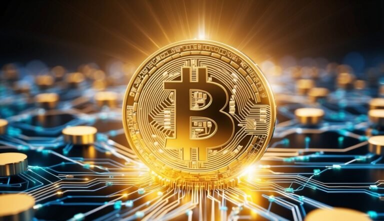 Glowing Bitcoin coin on a circuit board, representing cryptocurrency