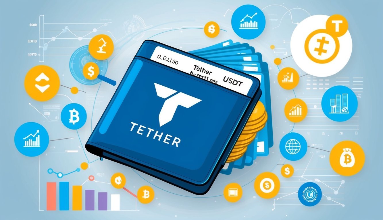 A digital wallet with Tether (USDT) symbol surrounded by various financial icons and charts, symbolizing its practical uses and economic impact