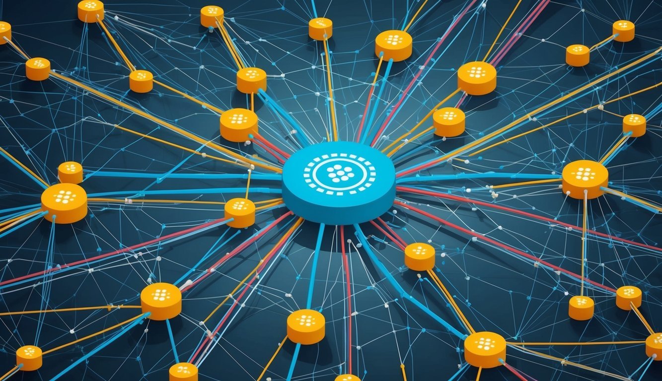 A network of interconnected nodes processing and verifying transactions, represented by a web of interconnected lines and nodes