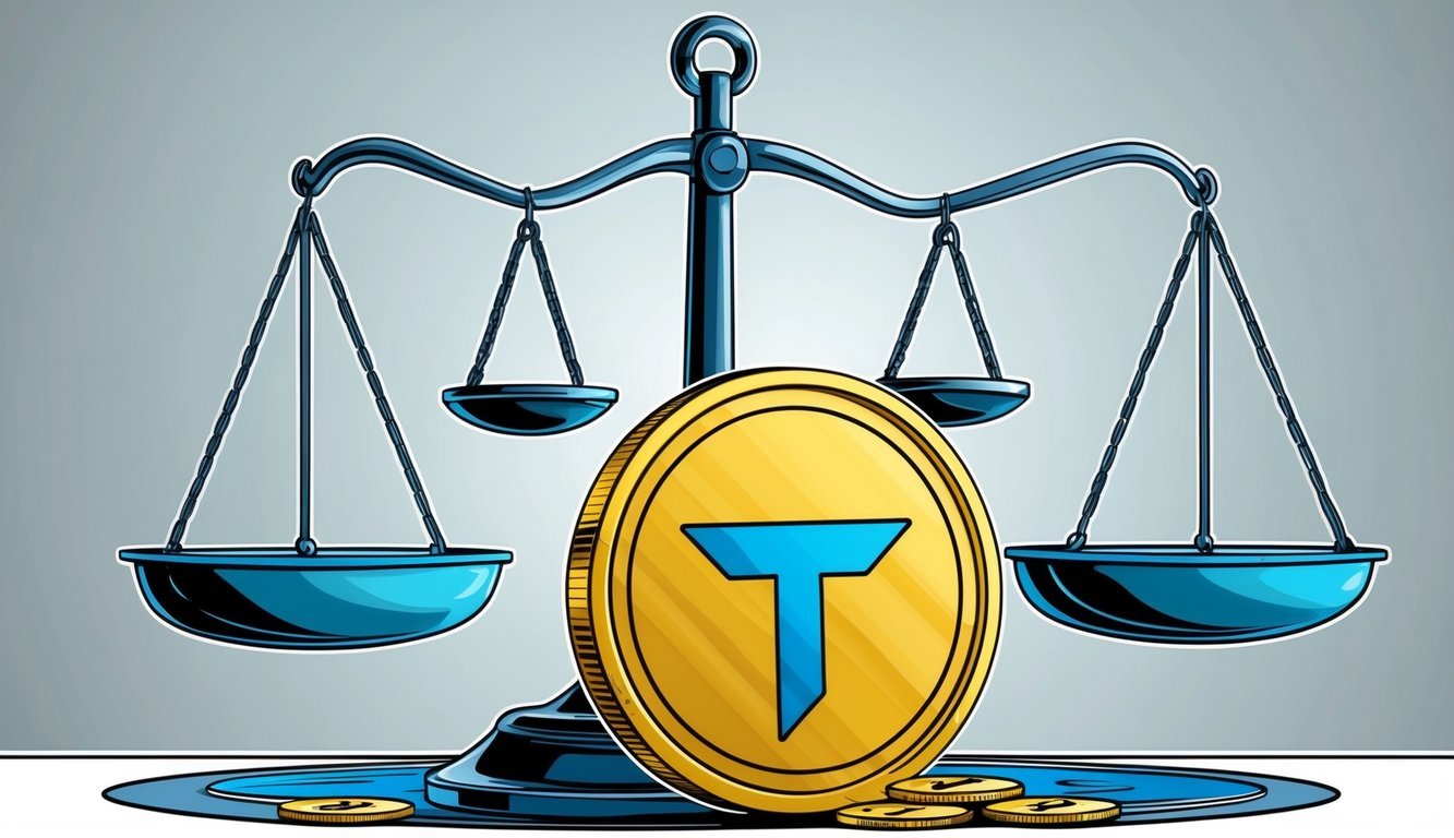 A digital currency symbolized by a stablecoin, Tether (USDT), is depicted through a combination of a scale and a stable anchor to represent stability and security