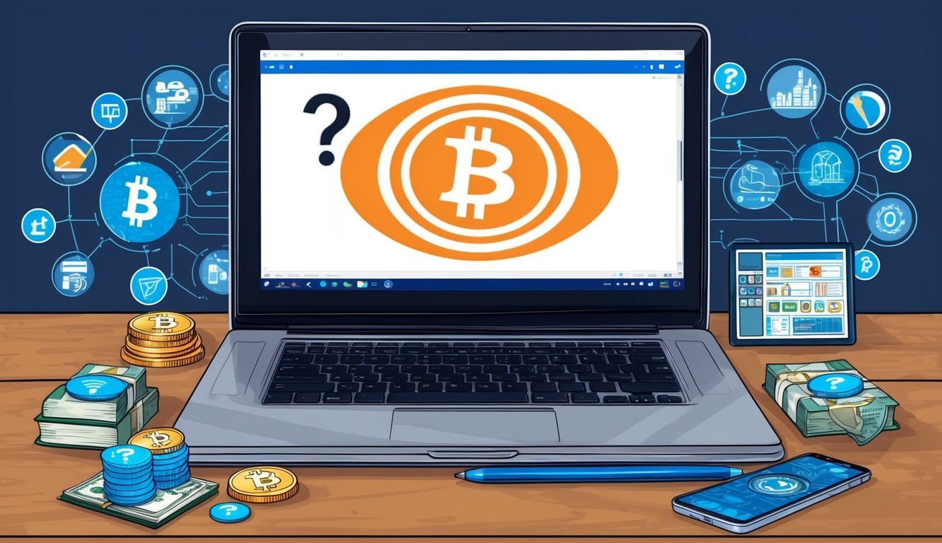 A computer screen displays a Bitcoin logo with a question mark above it, surrounded by various symbols representing technology and finance