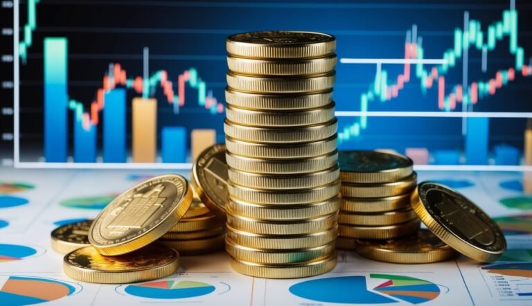 Stacks of gold coins with financial charts in the background