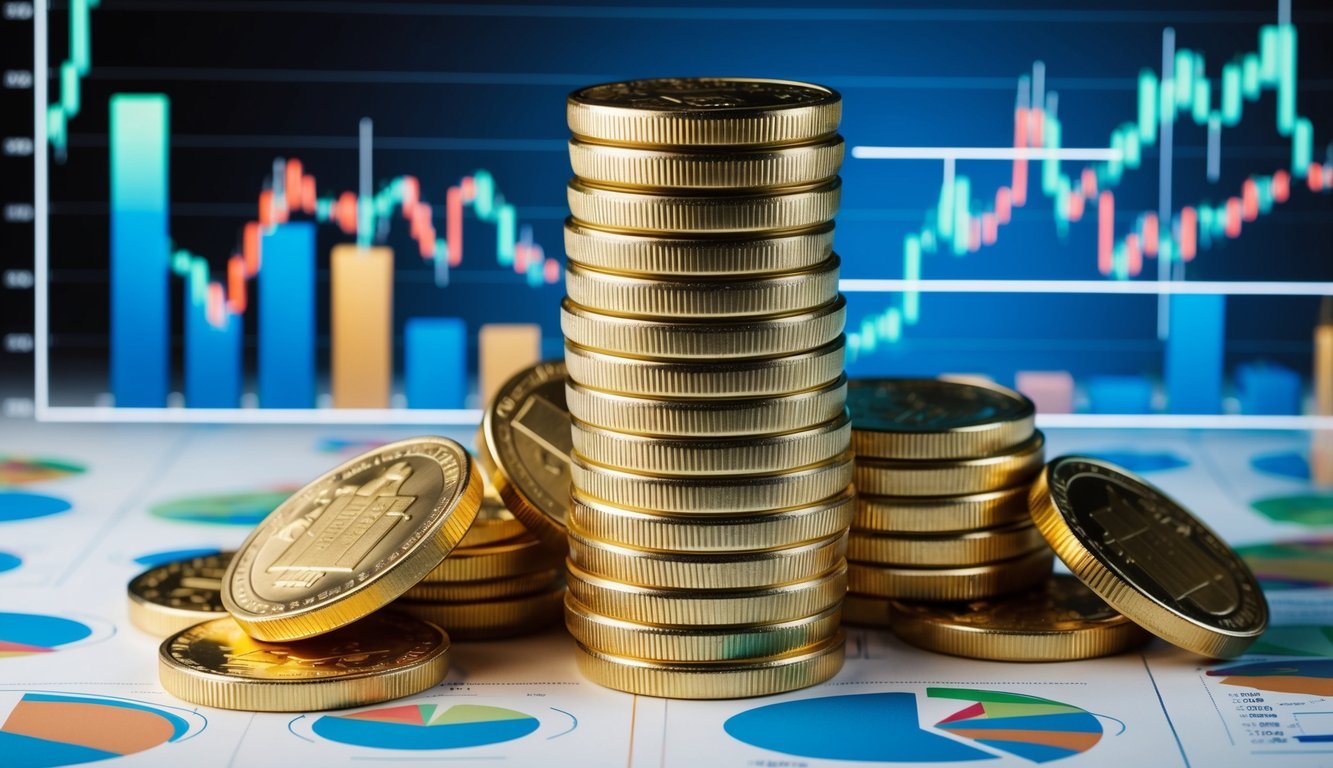 A stack of gold USDC coins surrounded by digital financial charts and graphs