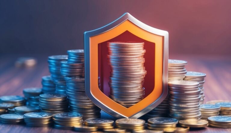 Stacks of coins protected by a shield, symbolizing financial security