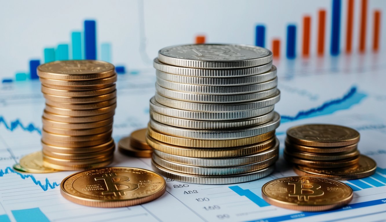 A stack of USDC coins surrounded by financial charts and graphs